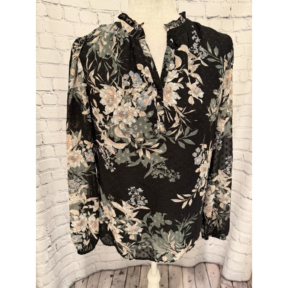 Daniel Rainn Anthropologie Women’s Long Sleeve Black Floral Blouse Top size M